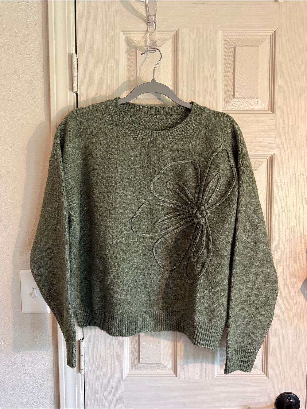 Olive Green Floral Applique Crewneck Sweater - Women